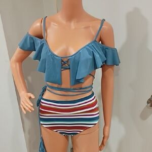 Montce Blue Ruffle Bikini with Striped Bottom